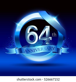 Celebrating 64th anniversary logo, with silver ring and blue ribbon isolated on gradient background.