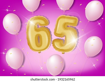 Celebrating 65 years with gold and pink balloons and glitter confetti on a pink background. Vector design for celebrations, invitation cards and greeting cards.