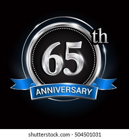 Celebrating 65th anniversary logo. with silver ring and blue ribbon,