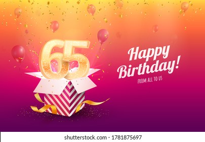 Celebrating 65th years birthday vector illustration. Sixty-five anniversary celebration background. Adult birth day. Open gift box with flying holiday numbers 