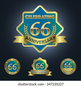 Celebrating 66 Years Anniversary - Golden Star with Laurel Wreath Seal with Red Golden - Layered EPS 10 Vector.