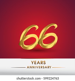 Celebrating of 66 years anniversary, logotype golden colored isolated on red background