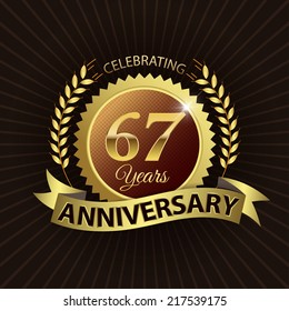 Celebrating 67 Years Anniversary - Golden Laurel Wreath Seal with Golden Ribbon - Layered EPS 10 Vector