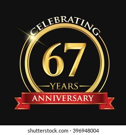Celebrating 67 years anniversary logo. with golden ring and red ribbon.