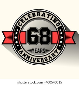 Celebrating 68 years anniversary logo vintage emblem with red ribbon, Retro vector design isolated on white background
