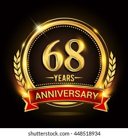 Celebrating 68 years anniversary logo with golden ring and red ribbon.