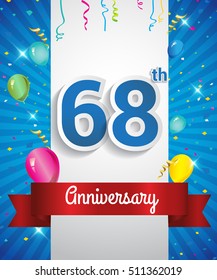 Celebrating 68th Anniversary logo, with confetti and balloons, red ribbon, Colorful Vector design template elements for your invitation card, flyer, banner and poster.