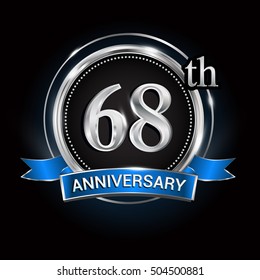 Celebrating 68th anniversary logo. with silver ring and blue ribbon,