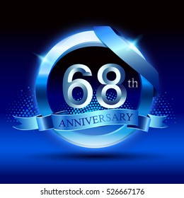Celebrating 68th anniversary logo, with silver ring and blue ribbon isolated on gradient background.