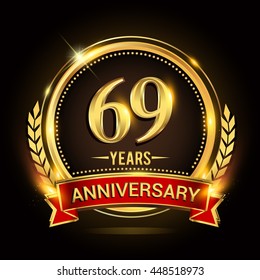 Celebrating 69 years anniversary logo with golden ring and red ribbon.