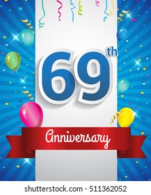 Celebrating 69th Anniversary logo, with confetti and balloons, red ribbon, Colorful Vector design template elements for your invitation card, flyer, banner and poster.