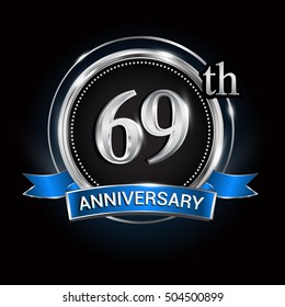 Celebrating 69th anniversary logo. with silver ring and blue ribbon,