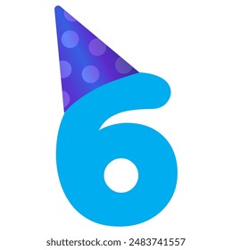 Celebrating 6th anniversary. Blue colored number 6 wearing a party hat. Use for birthdays or anniversaries. Vector illustration.
