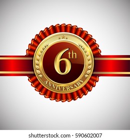 Celebrating 6th anniversary logo, with golden badge and red ribbon isolated on white background.