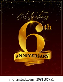 celebración del 6º aniversario de la plantilla de tarjeta de saludo vectorial de banner. sexto dorado con cinta dorada y confetti sobre fondo rojo y negro