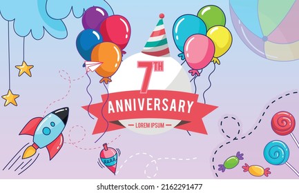 Celebrating of 7 th years birthday vector illustration. anniversary celebration.flying on balloons on light background