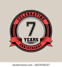 Celebrating 7 year anniversary logo vintage emblem with red ribbon, Retro vector design isolated on white background