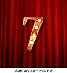 Celebrating of 7 years anniversary, logotype golden colored isolated on the background of a red curtain. Vector illustration