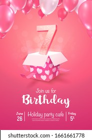 Celebrating of 7 years birthday vector 3d illustration on soft background. Seven years anniversary and open gift box with balloons poster template