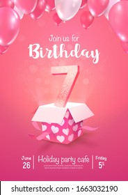 Celebrating of 7 years birthday vector 3d illustration on soft background. Seven years anniversary celebration and open gift box with balloons poster template