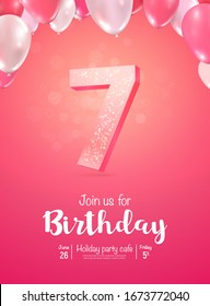 Celebrating of 7 years birthday vector 3d illustration on soft background. Seven years anniversary celebration and open gift box with balloons poster template