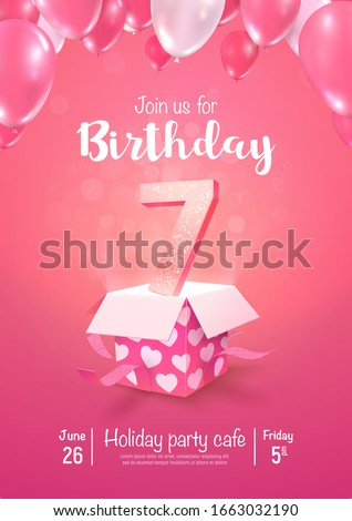 Celebrating of 7 years birthday vector 3d illustration on soft background. Seven years anniversary celebration and open gift box with balloons poster template