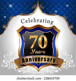 celebrating 70 years anniversary, Golden sheild with blue royal emblem background - vector eps10