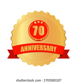 Celebrating 70 years anniversary logo with golden ring and red ribbon. Stock vector illustration on white isolated background.