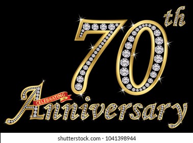 Celebrating  70th anniversary golden sign with diamonds, vector illustration svg