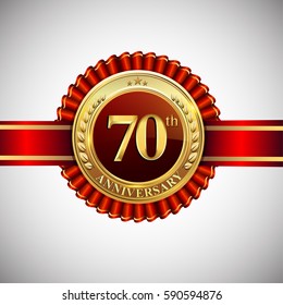 Celebrating 70th anniversary logo, with golden badge and red ribbon isolated on white background.