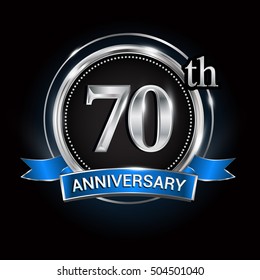 Celebrating 70th anniversary logo. with silver ring and blue ribbon,