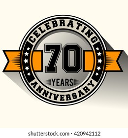 Celebrating 70th years anniversary logo vintage emblem with yellow ribbon. Retro vector background.
