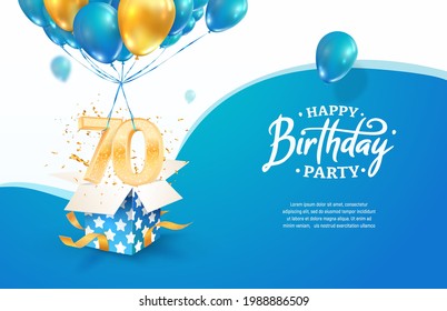 Celebrating 70th years birthday vector illustration. Seventy anniversary celebration. Adult birth day. Open gift box with numbers three and eight flying on balloons svg
