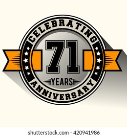 Celebrating 71st years anniversary logo vintage emblem with yellow ribbon. Retro vector background.