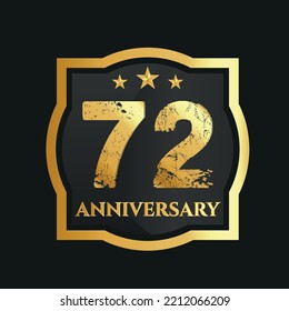 Celebrating 72nd years anniversary with golden border and stars on dark background, vector design.
