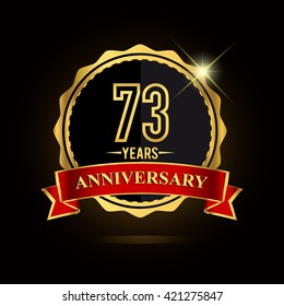Celebrating 73 years anniversary logo with red ribbon and golden shiny badge, vector design.