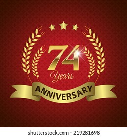 Celebrating 74 Years Anniversary - Golden Laurel Wreath Seal with Golden Ribbon - Layered EPS 10 Vector