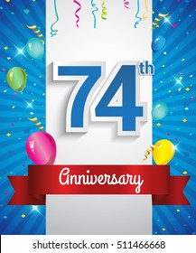 Celebrating 74th Anniversary logo, with confetti and balloons, red ribbon, Colorful Vector design template elements for your invitation card, flyer, banner and poster.