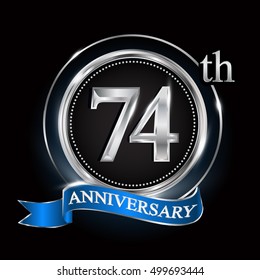 Celebrating 74th anniversary logo. with silver ring and blue ribbon.