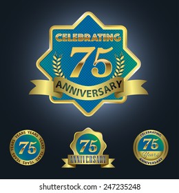Celebrating 75 Years Anniversary - Golden Star with Laurel Wreath Seal with Red Golden - Layered EPS 10 Vector.