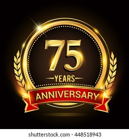 Celebrating 75 years anniversary logo with golden ring and red ribbon.