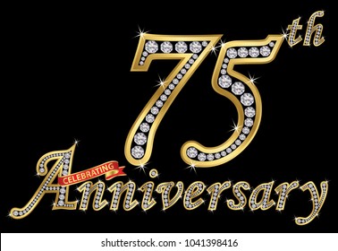 Celebrating  75th anniversary golden sign with diamonds, vector illustration svg