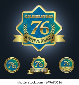 Celebrating 76 Years Anniversary - Golden Star with Laurel Wreath Seal with Red Golden - Layered EPS 10 Vector.