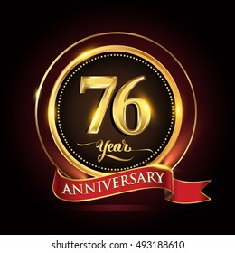 Celebrating 76 years anniversary template logo with golden ring and red ribbon.