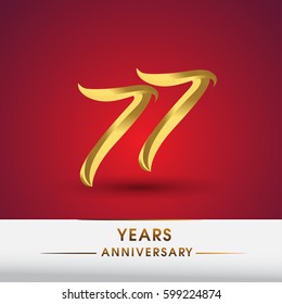 Celebrating of 77 years anniversary, logotype golden colored isolated on red background