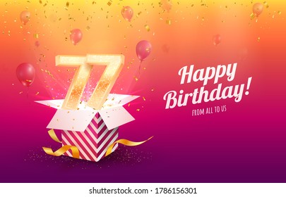 Celebrating 77th years birthday vector illustration. Seventy-seven anniversary celebration background. Adult birth day. Open gift box with flying holiday numbers 