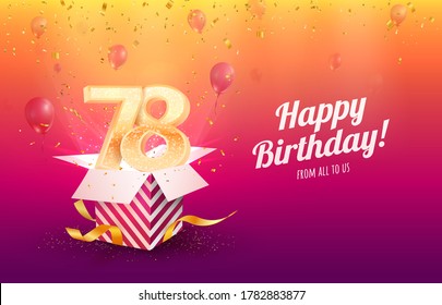 Celebrating 78th years birthday vector illustration. Seventy-eight anniversary celebration background. Adult birth day. Open gift box with flying holiday numbers 