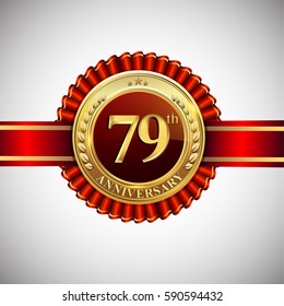 Celebrating 79th anniversary logo, with golden badge and red ribbon isolated on white background.