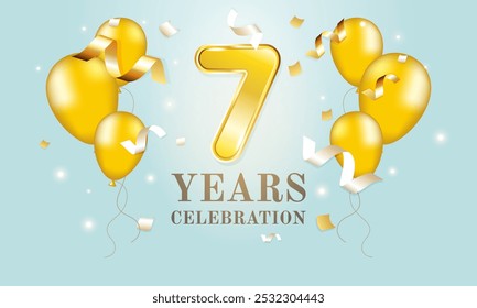 Celebrating the 7th anniversary. Happy Birthday. The golden number 7 and balloons on a blue background.