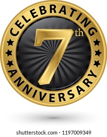 Celebrating 7th years anniversary gold label, vector illustration 
